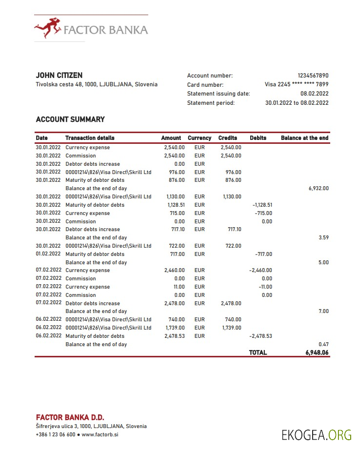Relevé bancaire de Slovénie Factor Banka xls